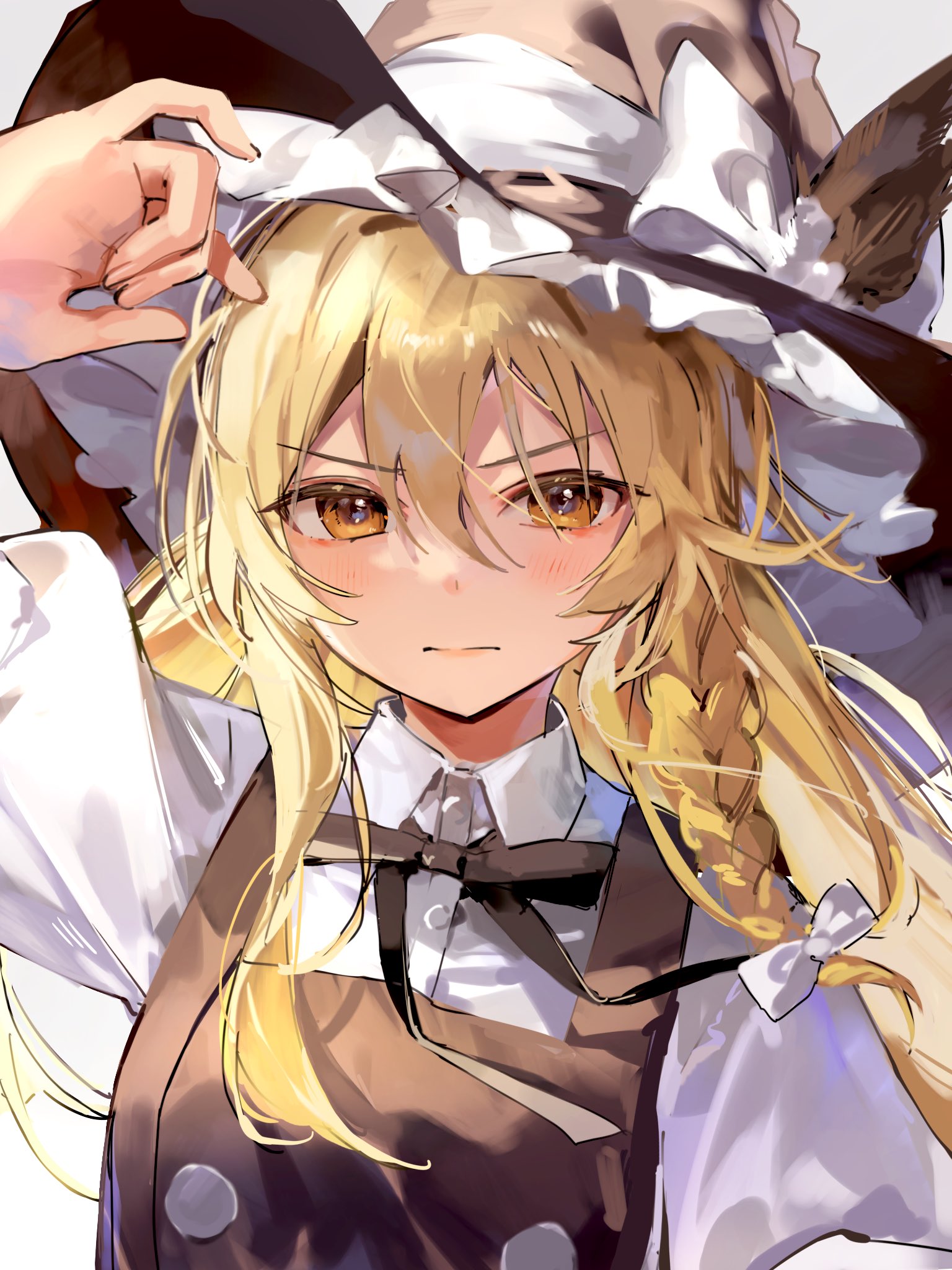 the image is a digital illustration of an animestyle girl. she has long blonde hair styled in a braid, brown eyes, and is wearing a large witch's hat with white ribbons and a brown apron over a white shirt with a black bow tie. she is depicted from the chest up, and her expression is slightly serious. the art style is soft and painterly, with a focus on light and shadow.