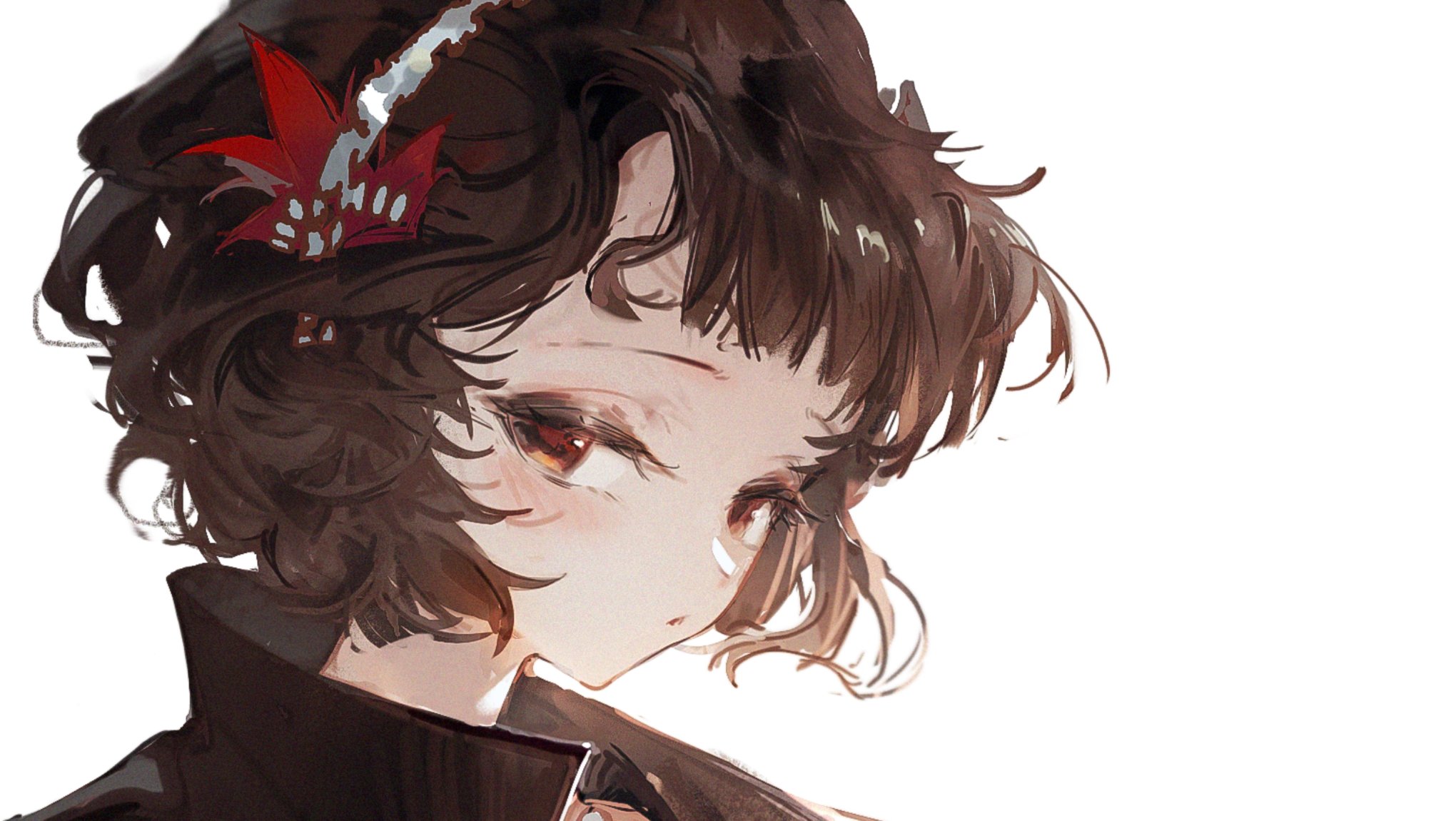 a close up portrait of an anime girl with short brown hair. she has a red flower in her hair and is looking down. the background is white. the illustration is done in a digital art style.