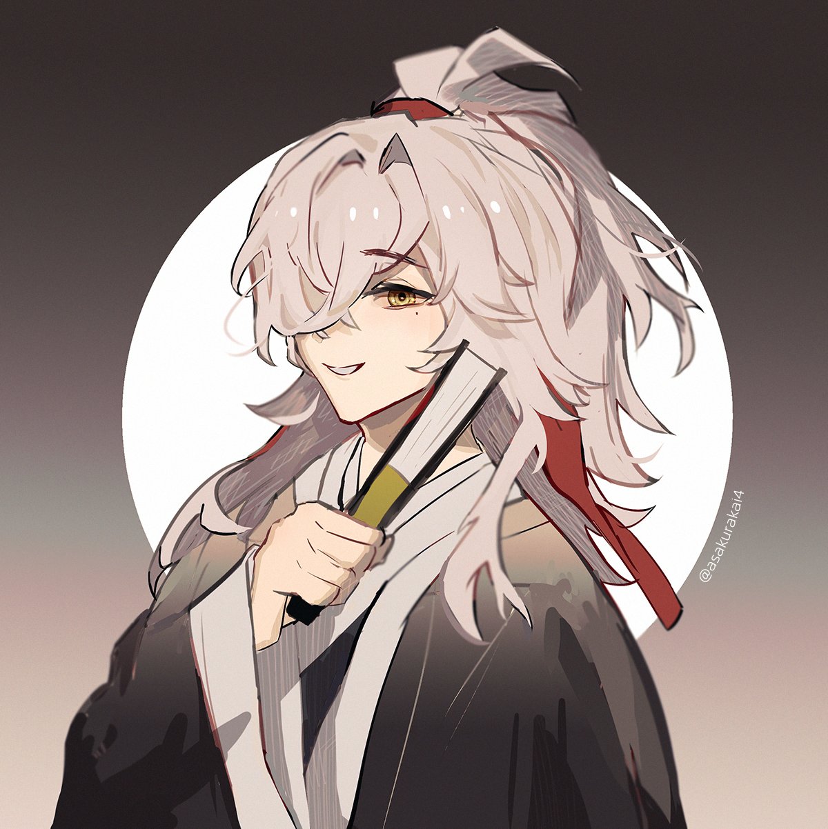 a digital illustration of an anime girl with long, white hair. she is wearing a black and white kimono with a red sash. the girl is holding a fan in her right hand and smiling. the background is a dark gray with a white moon.