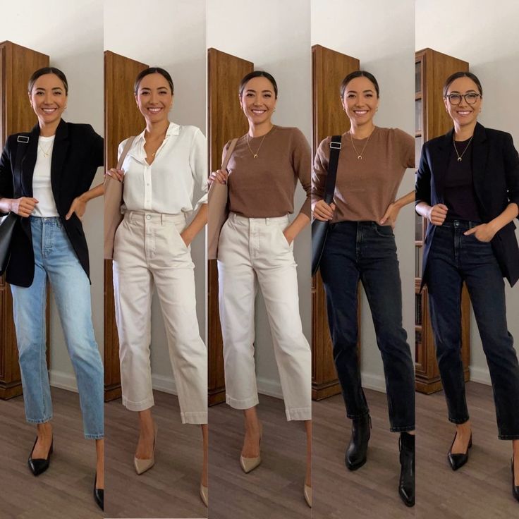 five different outfits worn by the same woman, featuring combinations of blazers, tops, and pants, accessorized with heels, boots, and a handbag.