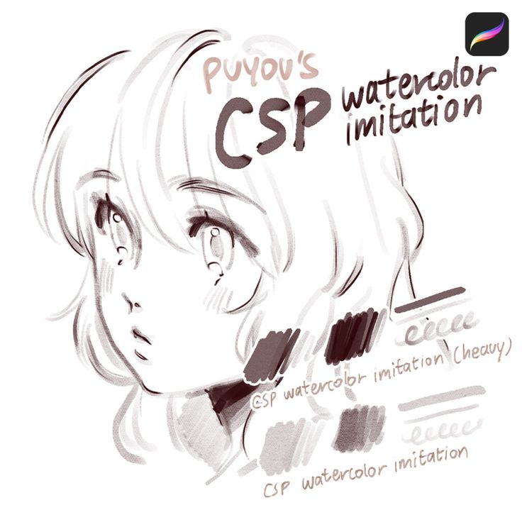 the image is a digital illustration of a girl's face, done in a style that mimics watercolor. the drawing is in shades of grey and features textured brush strokes for a realistic look. the artist's signature, "puyou's," along with the caption "csp watercolor imitation," is visible at the top. below the drawing, a set of brush strokes of different sizes are shown to showcase the various ways this specific brush tool can be used.