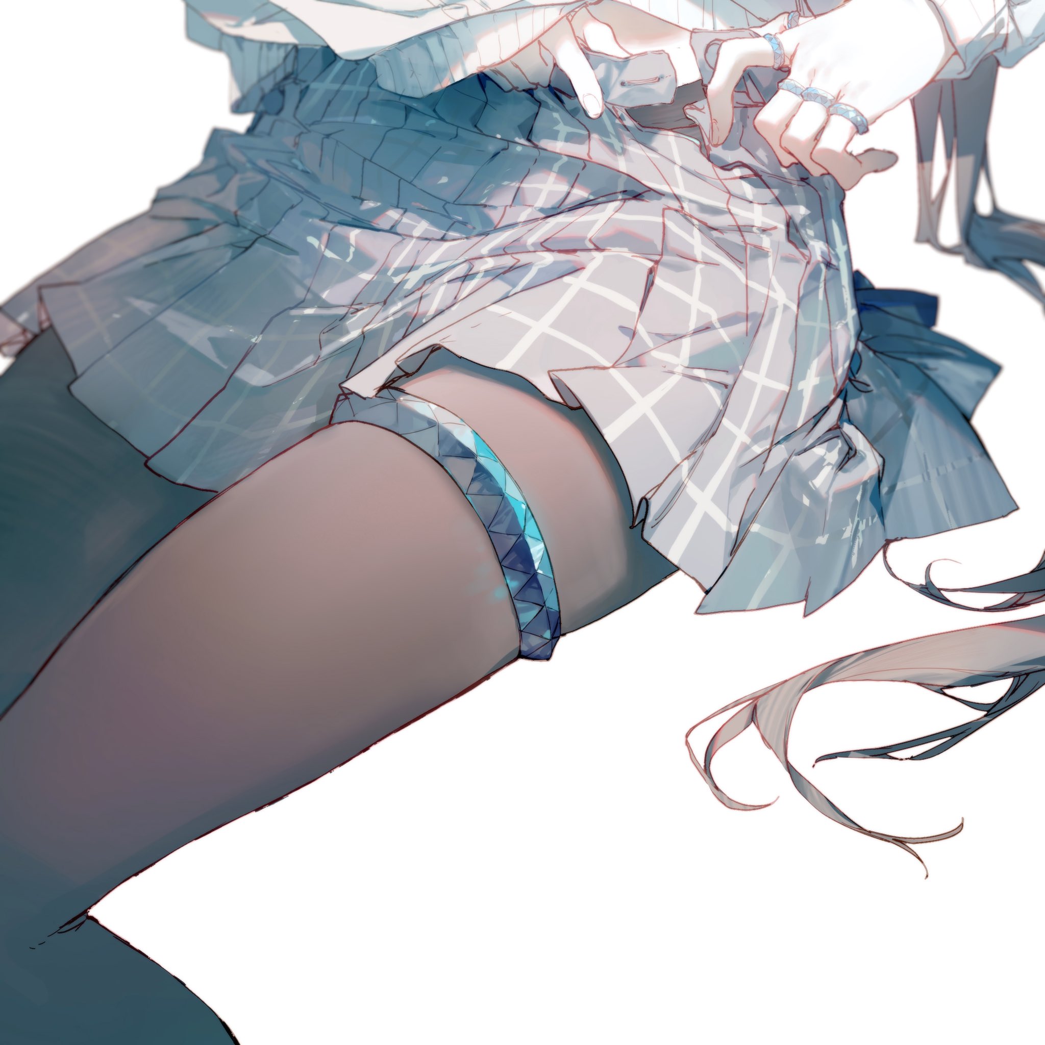 the image is an illustration of a woman's lower half, showcasing a short, plaid skirt, a dark hosierycovered leg, and a blue, geometrically designed garter on the upper thigh.