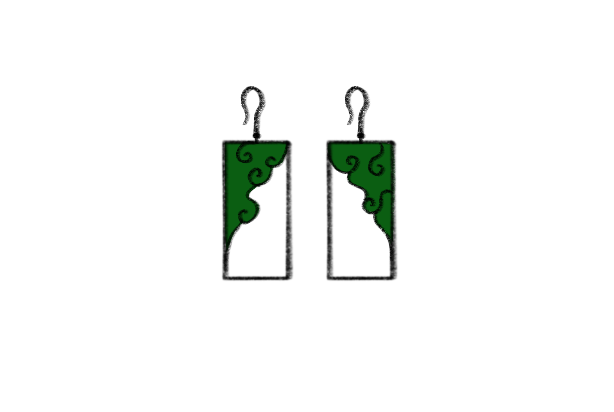 two rectangular dangle earrings are displayed. they are predominantly white with a green section along the top and one side. the green section has a swirling pattern. each earring has a dark, curved hook at the top.