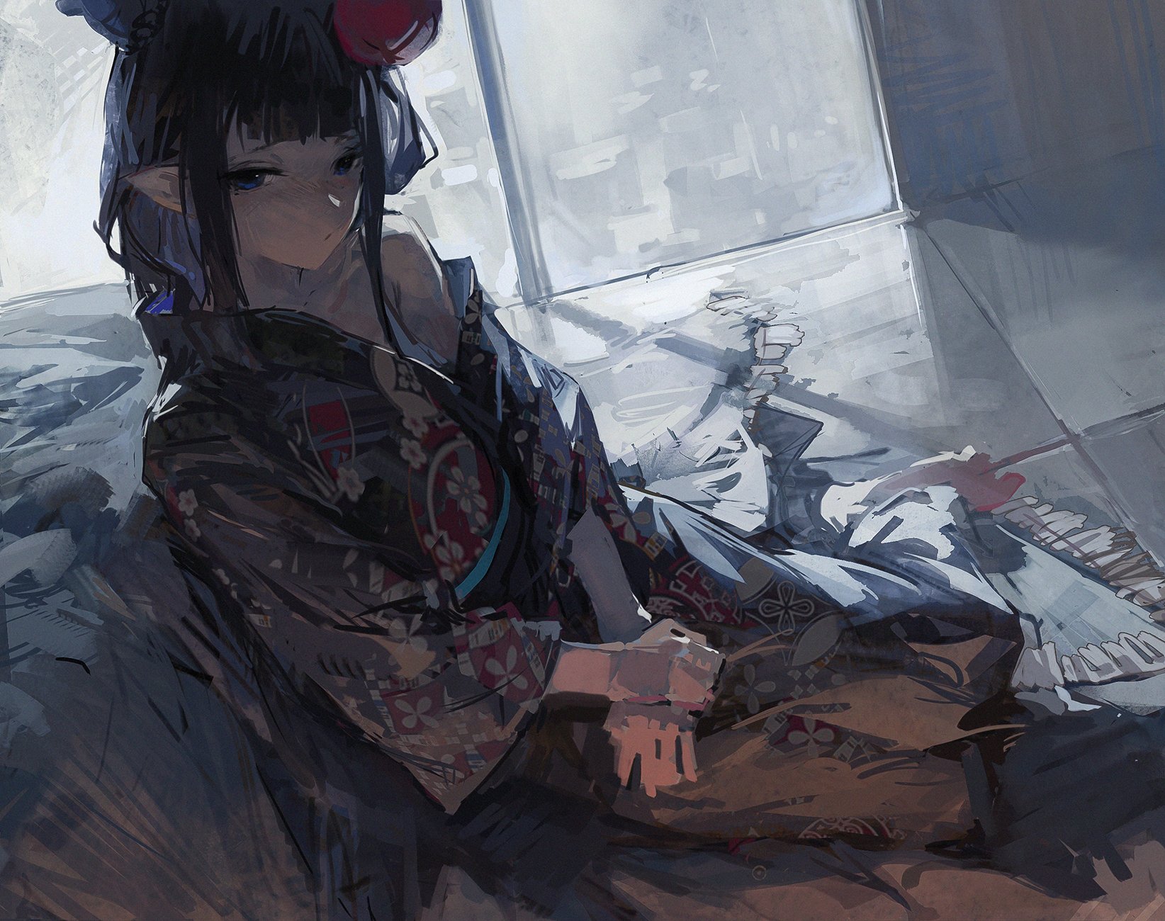 a digital illustration of a sad anime girl with long black hair and blue eyes, sitting on a floor with her legs crossed. she is wearing a traditional japanese kimono and is looking down. the room is dimly lit, with a window in the background.  her face is sad, with a frown on her lips. the colors used in the illustration are mostly muted blues and grays. the overall tone of the illustration is melancholy and thoughtful.
