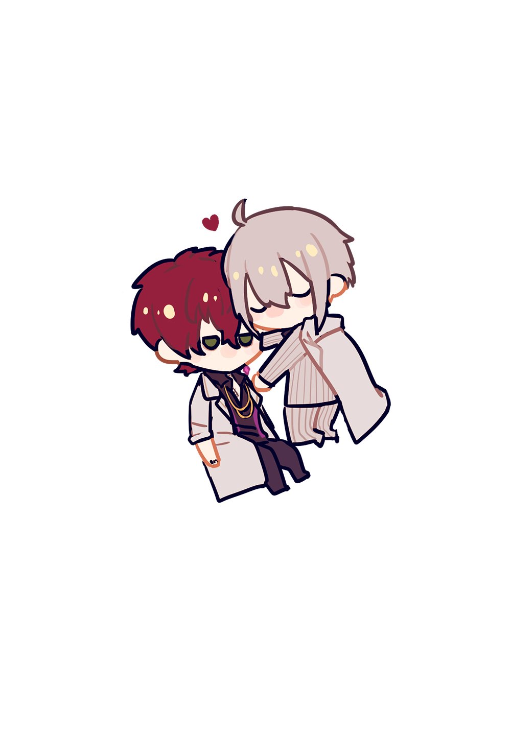 this image depicts a cute and adorable chibi couple embracing each other. the character on the left has red hair and is wearing a white lab coat with black accents. the character on the right has white hair and is wearing a white coat with a dark stripe pattern.  they are both smiling and their eyes are closed as they hug, suggesting a deep affection for each other.  the image conveys a romantic and heartwarming feeling.