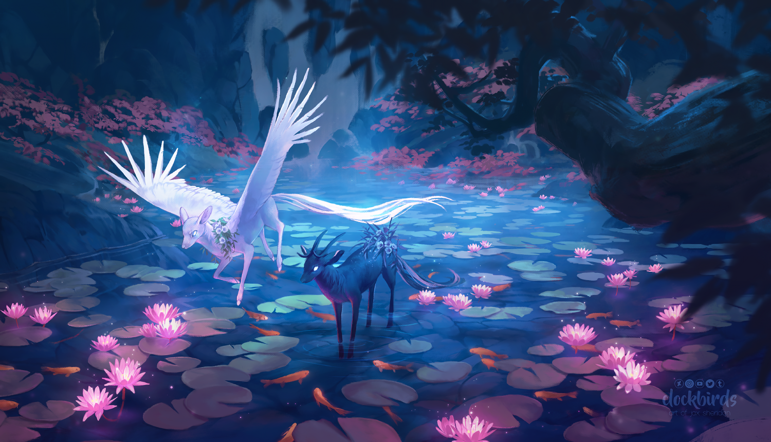 the image shows a wide shot of a serene pond in a magical forest. two mythical creatures, one resembling a winged unicorn and the other a deerlike creature with antlers made of crystals, stand gracefully on the water's surface. the pond is filled with glowing pink water lilies and swimming fish. the overall atmosphere is dreamlike and ethereal, with soft, ambient lighting.