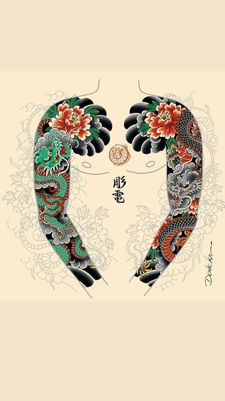the image shows a design for a japanesestyle full sleeve tattoo. it depicts two arms, presumably the wearer's, adorned with a green dragon on the left arm and a gray dragon on the right arm. each dragon is intertwined with peony flowers at the shoulder. the design also includes clouds, waves, and traditional japanese art elements. the background is a light beige color with faint peony outlines. the overall aesthetic is that of traditional japanese irezumi art.