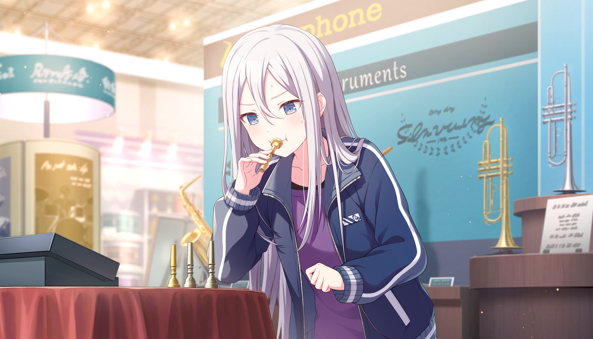 an anime girl with white hair and blue eyes stands in a musical instruments store, wearing a blue jacket over a purple shirt. she's holding a brasscolored mouthpiece to her mouth. in the background are various musical instruments, including a saxophone and trumpets, displayed on a light blue wall with the store's name written on it. a table with a red tablecloth has several mouthpieces laid out on it.