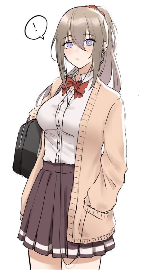 an anime illustration of a young school girl with blonde hair and purple eyes. she is wearing a white shirt with a bow tie, a brown cardigan, and a black and white pleated skirt. she is carrying a black bag and has headphones around her neck. she is looking at something off to the side of the image. the illustration is done in a digital art style.