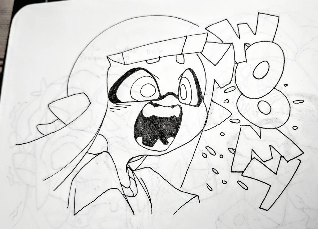 a black and white ink drawing of an anime girl wearing glasses. she has a large mouth and eyes, and her hair is pulled back in a ponytail. she is surrounded by a word bubble that says "boom."