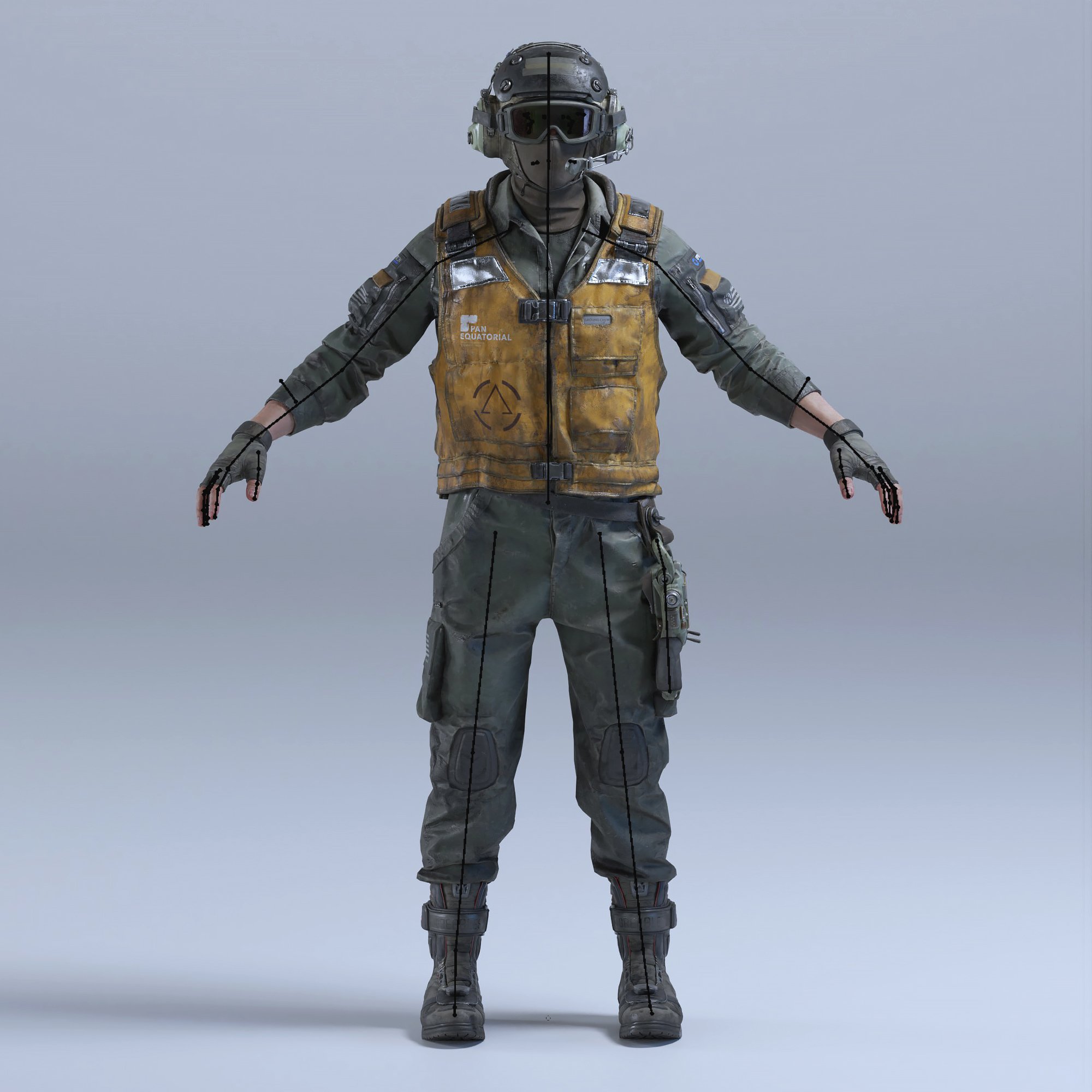 a fullbody 3d model of a soldier in tactical gear is shown. the model is rigged, with lines indicating the joints and structure. the soldier wears a helmet, goggles, a yellow vest, and combat pants and boots. the background is plain gray. the pose is neutral, arms outstretched. the model appears to be ready for animation in a game or other interactive media.