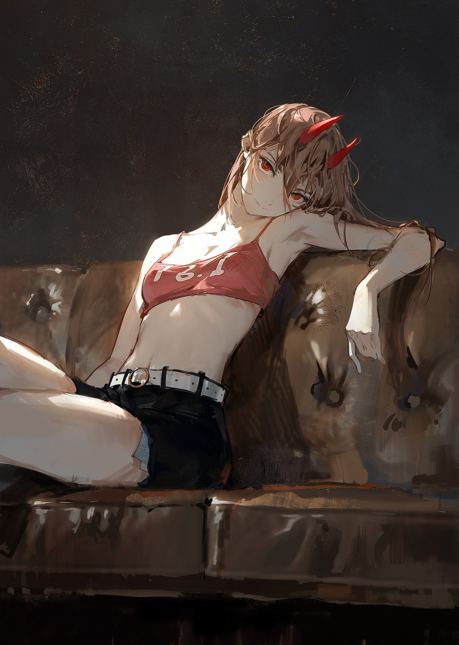 an anime girl with red eyes and horns is sitting on a leather couch. she is wearing a red crop top and black shorts. she is looking at the viewer with a confident expression. the background is brown and blurry.