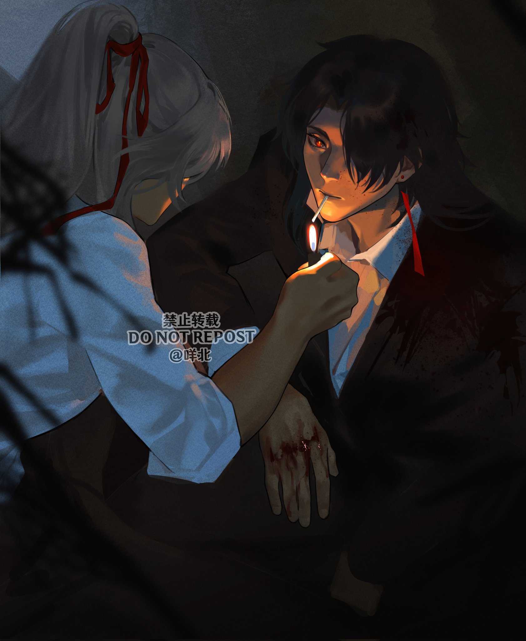 this is a digital illustration of two anime boys in a dark setting. the boy on the left has long white hair with red ribbons in his hair, he is wearing a white shirt and appears to be hurt, as there is blood on his hands. the boy on the right has black hair and is wearing a black suit with a white shirt, he is smoking a cigarette. they are both looking at each other with serious expressions on their faces. the illustration has a mysterious and dramatic tone.
