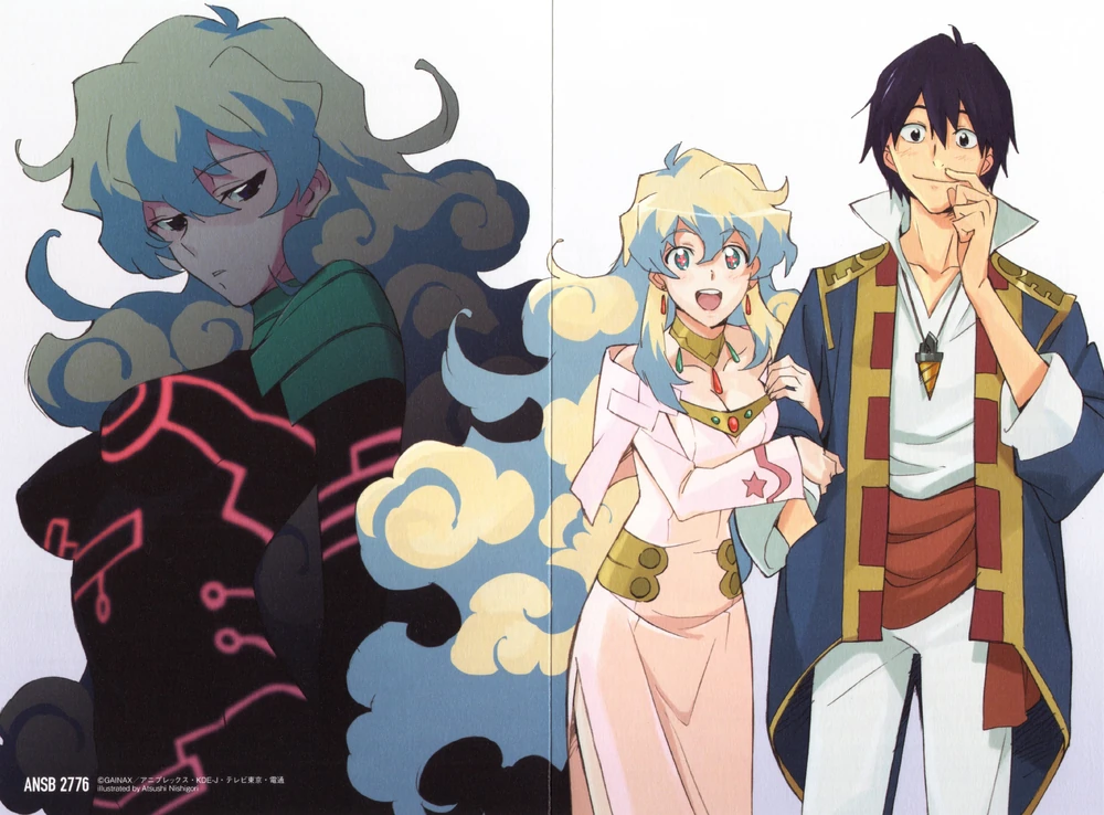 this illustration depicts three anime characters,  two women and a man, from the waist up, with a colorful, vibrant backdrop. the woman on the left has blue hair, and is wearing a black outfit with red and pink accents. her expression is serious and thoughtful. she is partially obscured by clouds. the woman on the right has blond hair and is wearing a pink and white outfit with gold accents. her expression is cheerful and she is smiling. the man has dark hair and is wearing a blue, white, and red outfit. he is smiling and looking at the woman on the right.  the backdrop is a stylized cloud pattern with colors of white, blue, green, yellow, and orange.