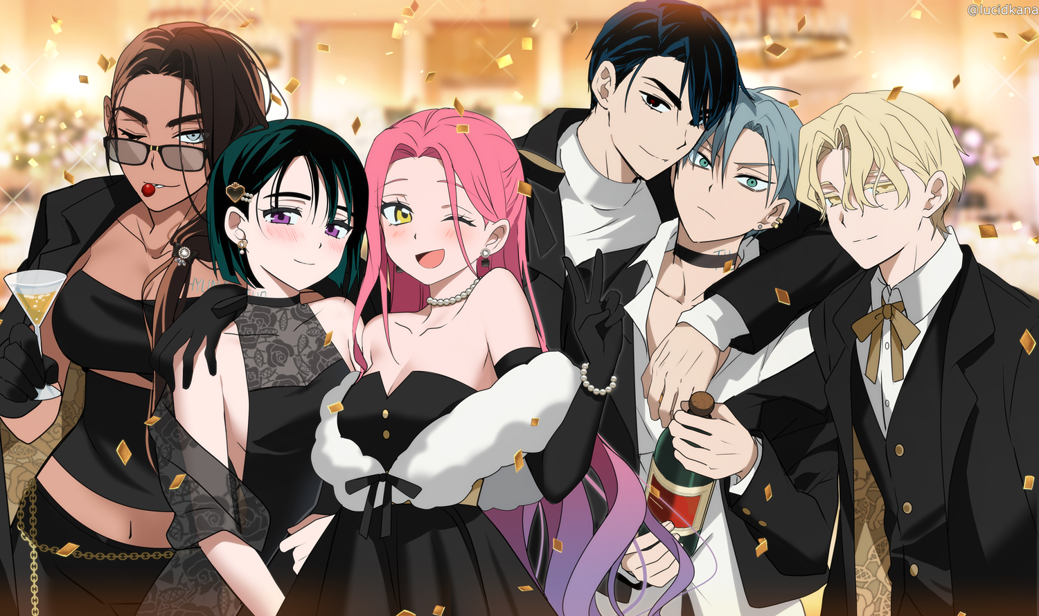 this is a digital illustration of a group of anime/manga characters in a formal party setting. the characters are dressed in suits and dresses, they are smiling and laughing, and the party is decorated with confetti and gold accents. there are two men and three women in the group, and they all appear to be close friends enjoying a celebratory occasion.