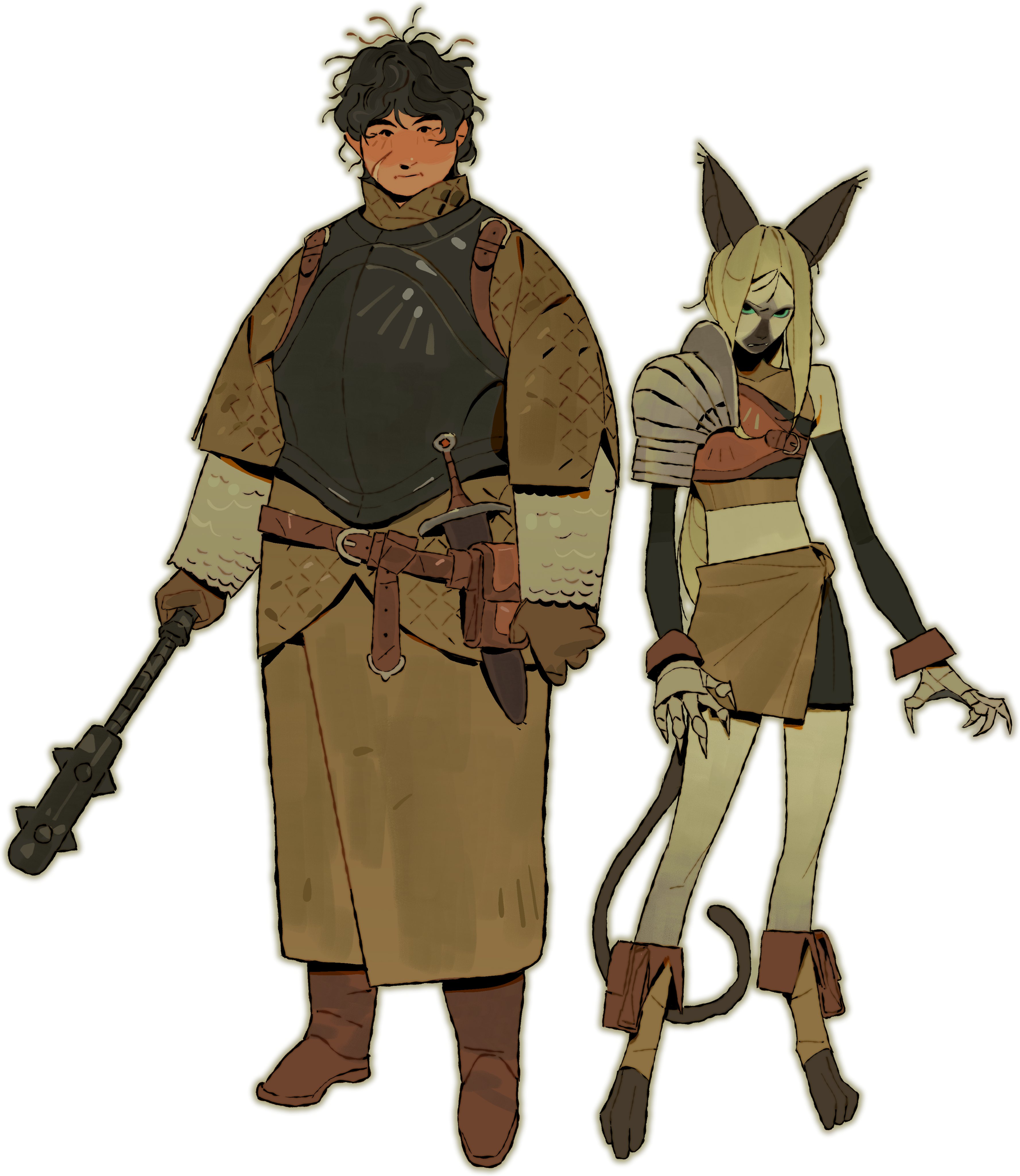 the image showcases a digital illustration of two fantasy characters. on the left stands a male character, robustly built, clad in tan armor and a long, matching tunic. he carries a mace in his left hand and a sword strapped to his waist.  his expression is somewhat stoic.  beside him, to the right, is a female character with catlike features, including pointed ears and a long tail.  she is wearing lighter armor, a short tunic, and leggings, appearing more agile and potentially faster than her companion.  both characters are rendered in a stylized, somewhat muted color palette.  the style leans toward a slightly muted and desaturated aesthetic, giving an impression of a fantasy setting possibly in a desert or arid environment.