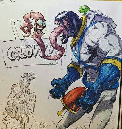 a crossover fan art piece featuring earthworm jim characters reimagined. earthworm jim is portrayed with a venomlike appearance, complete with a long tongue and sharp teeth, wearing his superhero suit. a small green turtle sits on his back. earthworm jim's friend is next to him saying "groovy" and a cow stands atop a small cliff in the background.