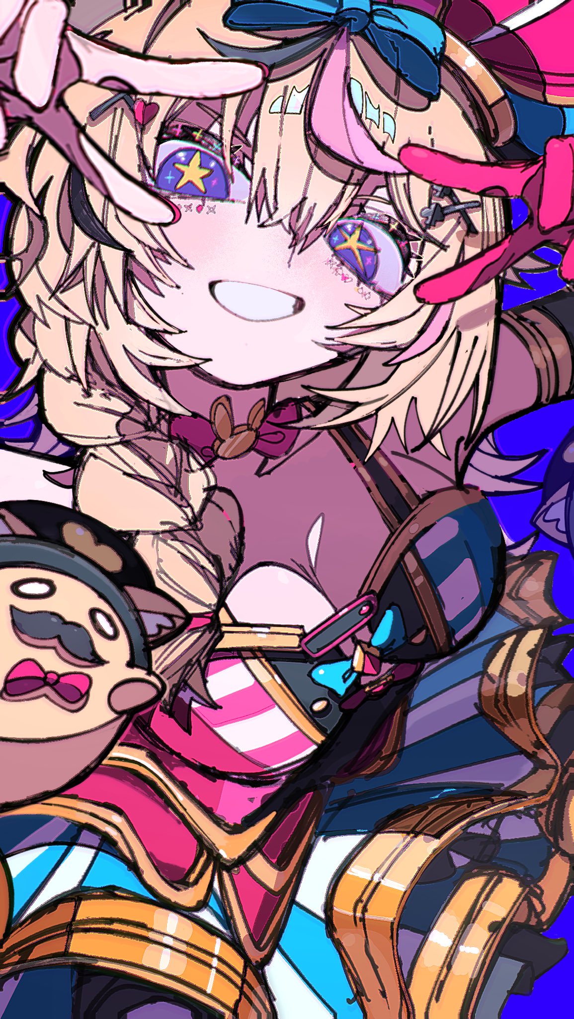 this is a digital illustration of an anime girl with pink hair and a blue bow, she has on a pink, white, and blue dress and her eyes are open and bright.  there is a red bow on her neck, and what appears to be a weapon, or a part of a weapon, in the background, partially hidden behind her.