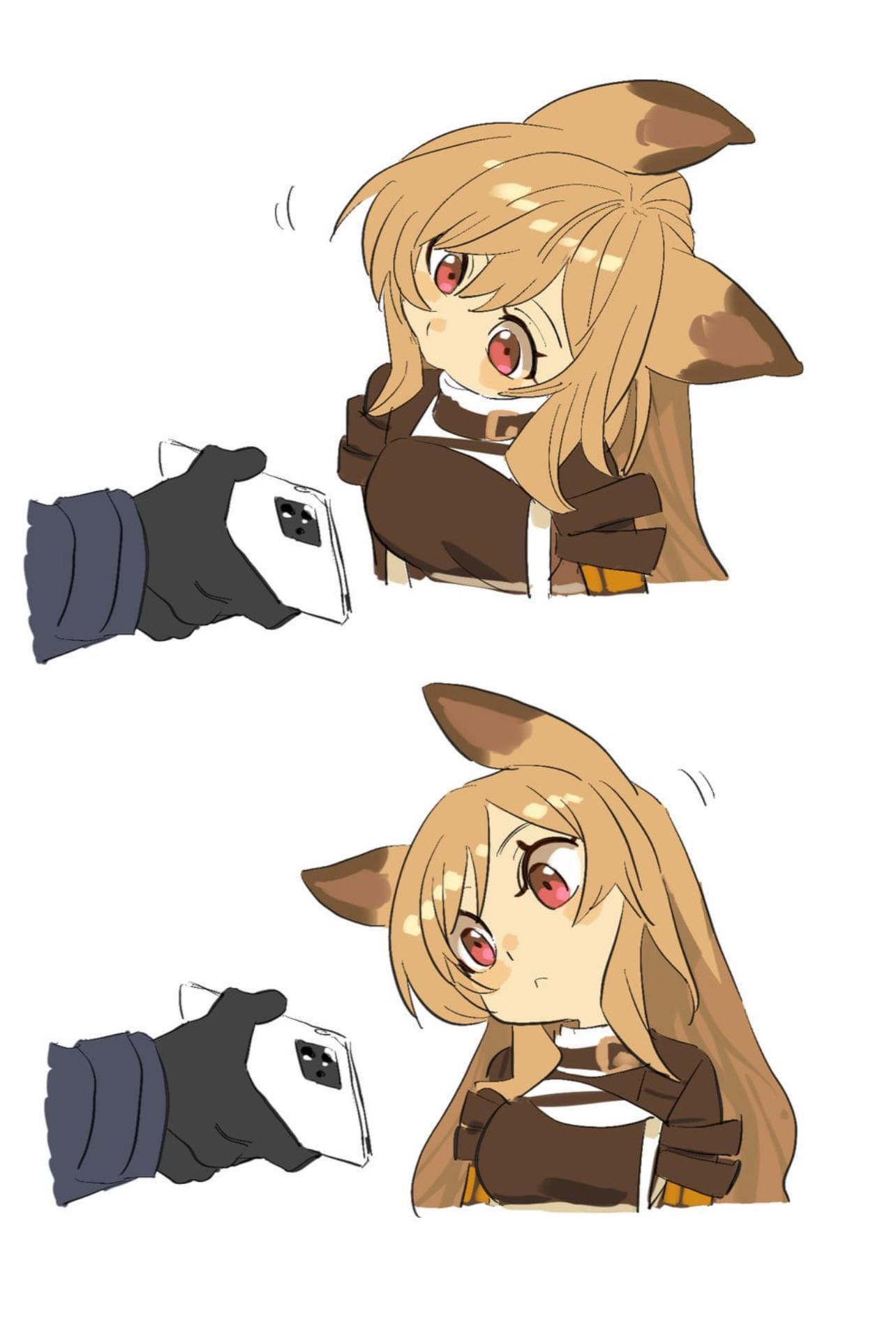 the image contains two panels, each showing a cute animestyle girl with foxlike ears.  she has long brown hair and red eyes. in both panels, a gloved hand is presenting her with a smartphone. the girl in the top panel appears more curious, while the girl in the bottom panel has a slightly more hesitant expression. the art style is simplistic and charming, reminiscent of digital drawings or fanart.