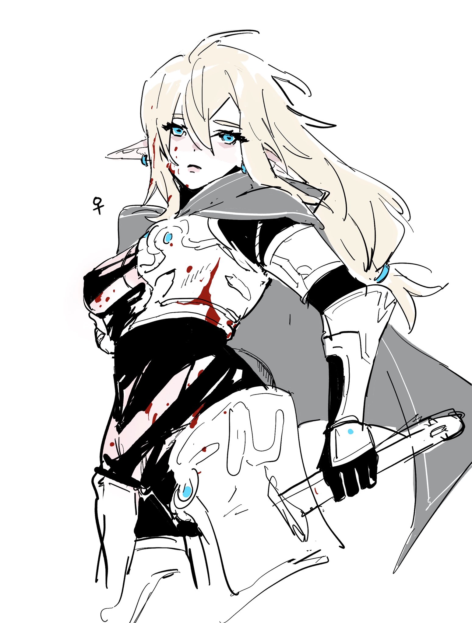 this is a digital sketch of a female anime character. she has blonde, long hair and pointed ears, indicating she is an elf. she is wearing armor and holding a sword. she is covered in blood, suggesting she has been in a battle. the image is drawn in a manga style and looks like a rough sketch.