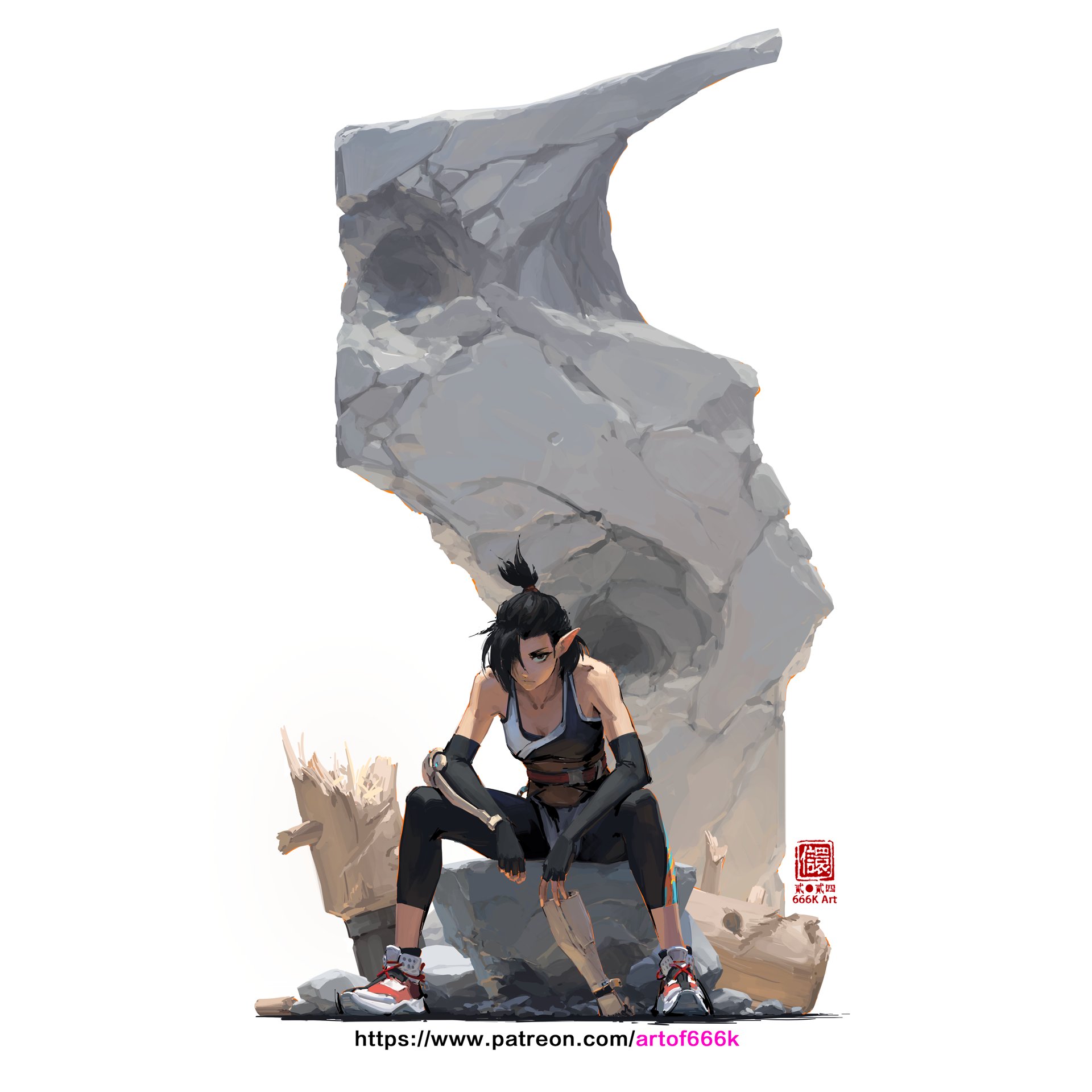 the digital painting depicts a young, female elflike character with dark hair pulled back in a topknot. she has pointed ears and is dressed in athletic clothing: dark leggings and a darkcolored sports top, accented with muted earth tones, suggesting practicality and resilience. she wears arm guards and appears to be equipped for some sort of travel or combat.  she sits pensively on a large, fractured rock formation resembling a natural stone monument or perhaps part of a ruined structure. the background is minimalist, focusing attention on the character. the overall style leans towards a blend of anime/manga influences with a more painterly, less highlydetailed aesthetic, suggesting a moody and contemplative atmosphere. there's a sense of a harsh environment, possibly postapocalyptic or dystopian, hinted at by the broken stones scattered around. a watermark/signature in the lower right corner points to the artist (666k art) and includes a patreon link.