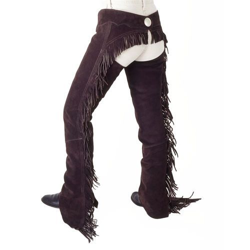 a pair of dark brown suede chaps with fringe are shown on a mannequin.  the chaps are full length and have a fitted style.  they are worn with boots. the chaps are accessorized with long fringe that adds a decorative detail. the mannequin is wearing a simple white undergarment. the background is white, allowing for focus on the chaps.