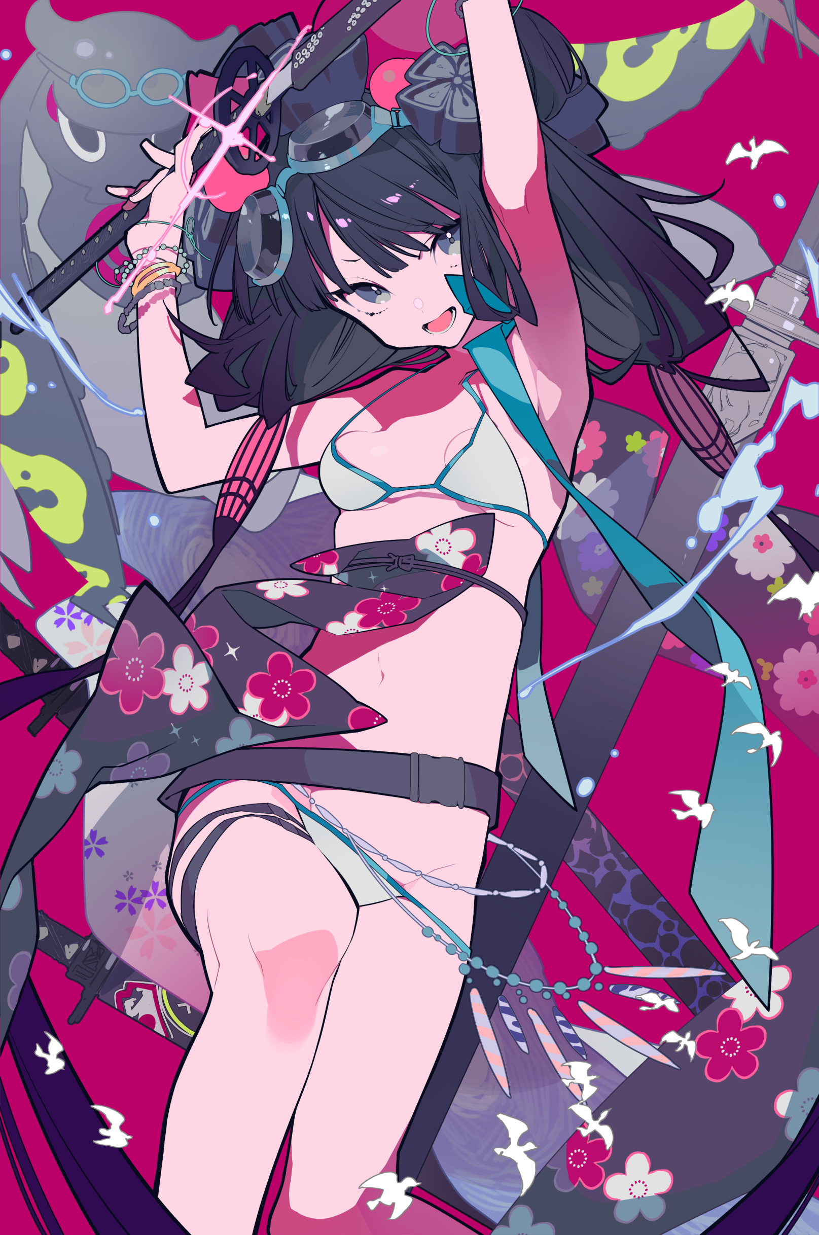 a full shot of a girl with short black hair and blue eyes wearing a bikini and japanesestyled clothing. she has goggles on her head and holds a katana. there are white birds in the background. the background is pink and patterned with flowers.