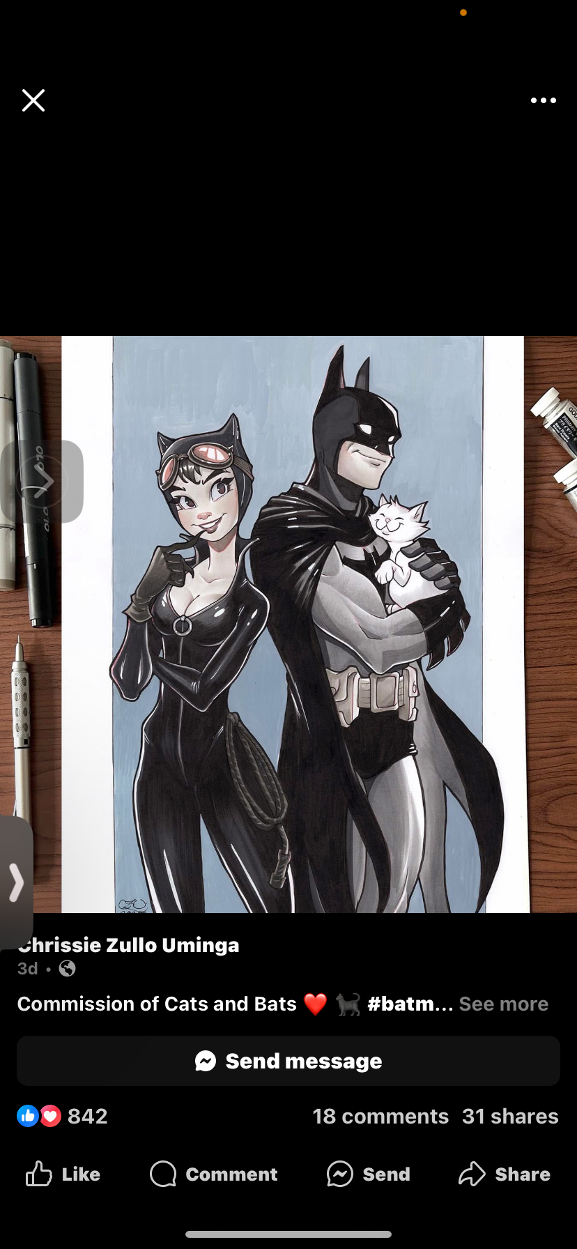 the image shows a drawing of batman and catwoman standing backtoback, with batman holding a white cat. the drawing is a commission by chrissie zullo uminga and was posted on facebook.