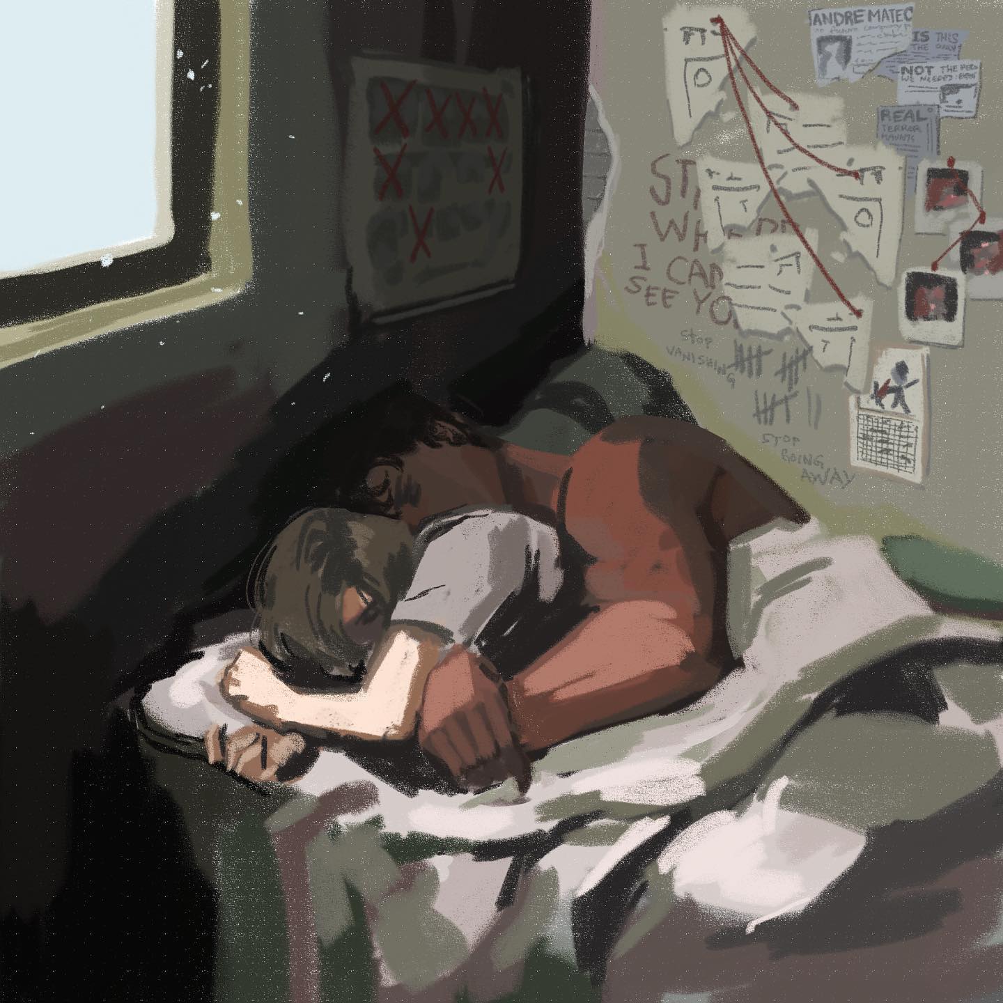 he digital painting shows a couple embracing and sleeping in bed. the man has dark hair and tan skin, his arm wrapped protectively around the woman's body.  the woman's face is partially hidden in the man's chest, both appearing relaxed and asleep.  the bed is somewhat rumpled and the room is dimly lit. the wall behind the bed is covered in various pieces of paper, notes, and drawings that look like clues or evidence, suggesting a mysterious or possibly suspenseful context. the overall mood is intimate and somewhat somber, hinting at a deeper story or narrative. the artistic style is painterly and uses muted, earthy tones with a focus on atmosphere and emotion.