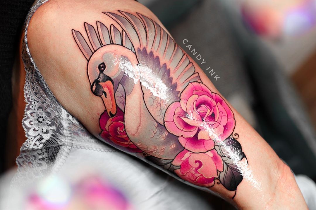 a fresh neotraditional tattoo of a swan with pink roses on a person's arm in a tattoo parlor.