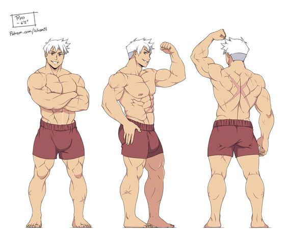 this is an illustration of a muscular anime man in red shorts, with white hair. the illustration shows the character from the front, side, and back.