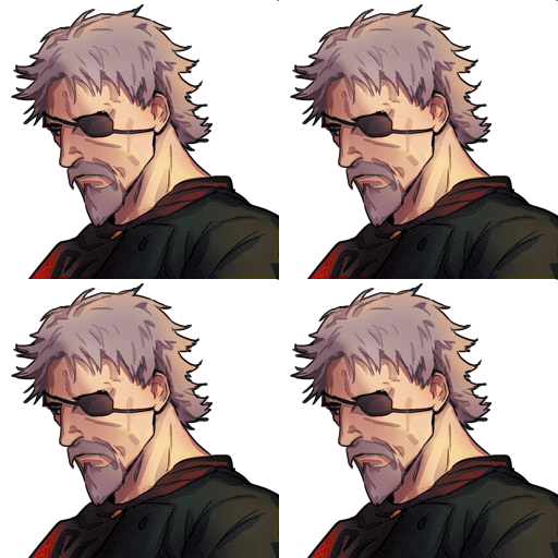 the image consists of four identical portraits of the same male character. he is depicted as an older man with grey hair, a dark colored eyepatch over his left eye, and what appears to be a scar. he has a serious expression. each portrait is set against a black background. the style of the art is reminiscent of anime or manga. the repetition of the portrait suggests it might be a sprite sheet or a set of character assets for a game or animation.