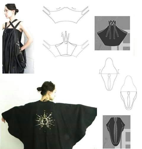 the image shows examples of clothing, including a dress and a kimonostyle top, along with their corresponding sewing patterns. the dress on the left has a unique crossstrap design, while the kimono is black with an embroidered gold design on the back. the sewing patterns provide the visual diagrams of the pattern pieces required to make the garments.