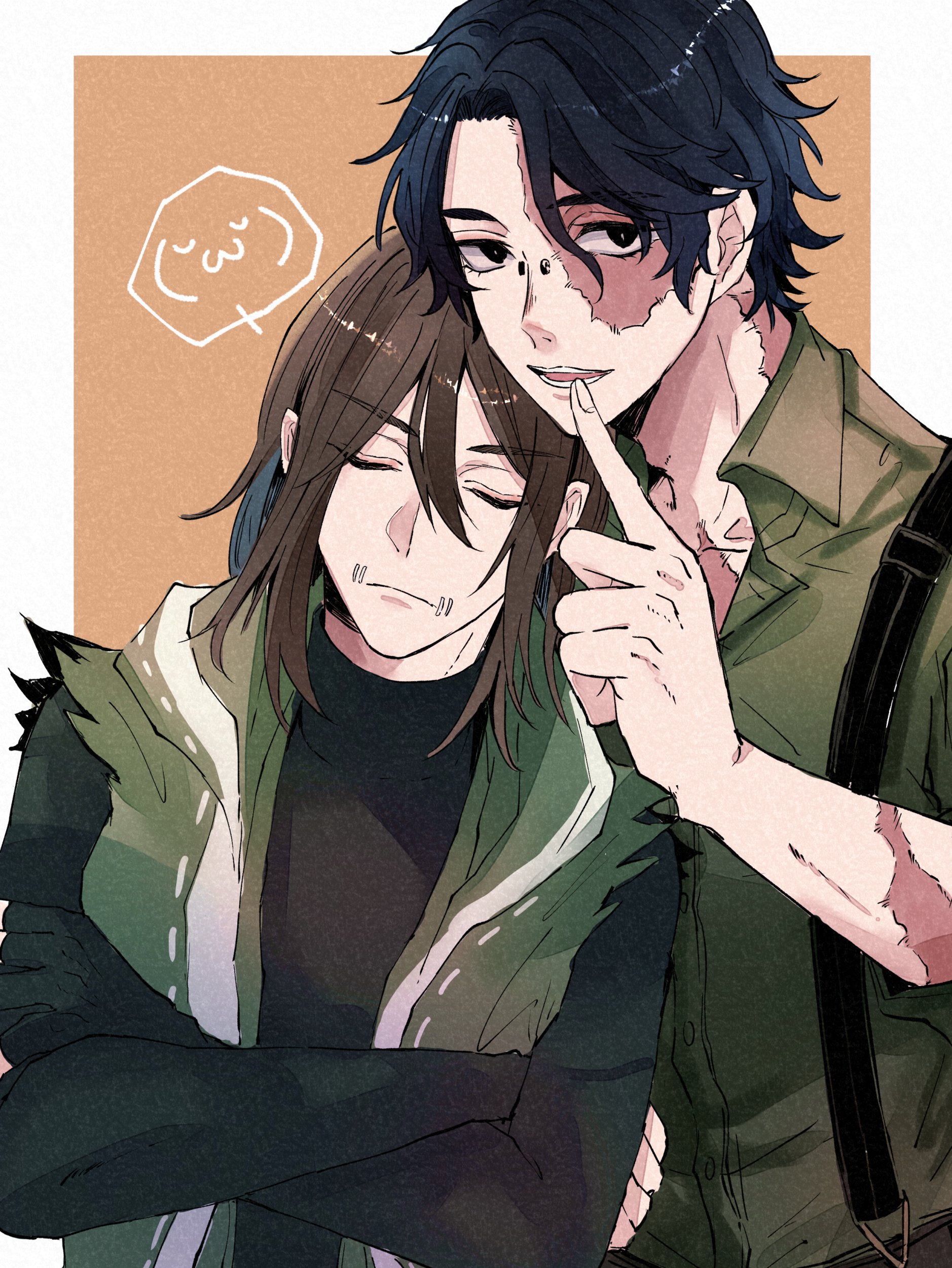 this is a digital illustration of an anime couple. the man is on the right, he has dark blue hair and is smiling, he has scars on his face and wears a green shirt and suspenders. the woman on the left has long brown hair and is wearing a green jacket over a black shirt. she is looking away from the viewer. the man is reaching out towards the woman with his right hand, and there is a cute heart drawn in the background.
