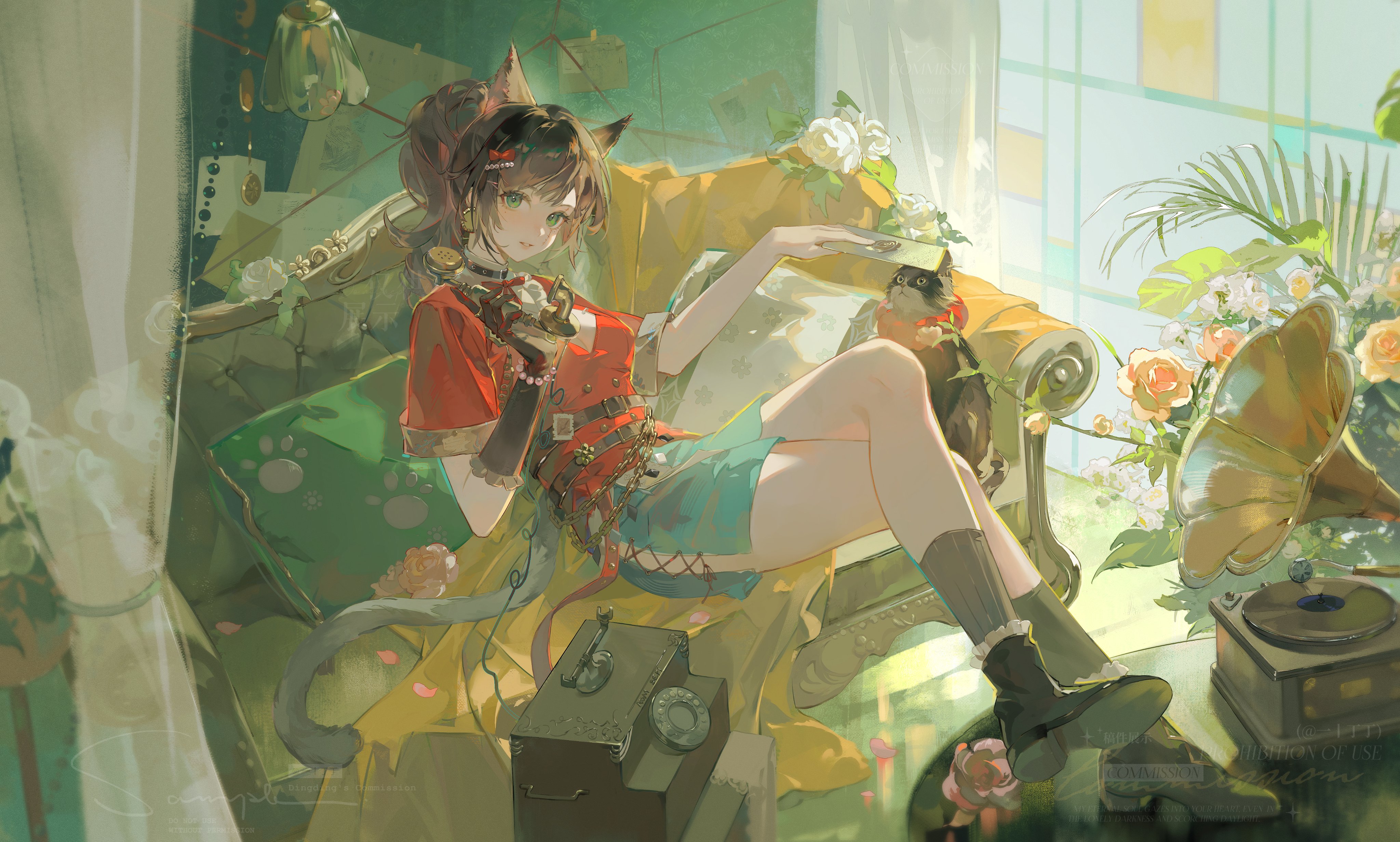 the image showcases a young woman with brown hair styled in a ponytail with cat ears, comfortably lounging on a vintagestyle couch adorned with floral patterns. she is dressed in a red and blue chineseinspired outfit, complete with thighhigh socks. the scene is bathed in soft, natural light streaming in from a window to the right. atop a table beside her rests an oldfashioned phonograph and a vase overflowing with vibrant flowers. a black and white cat keeps her company, perched on the armrest. the overall ambiance exudes a sense of vintage charm and tranquility.