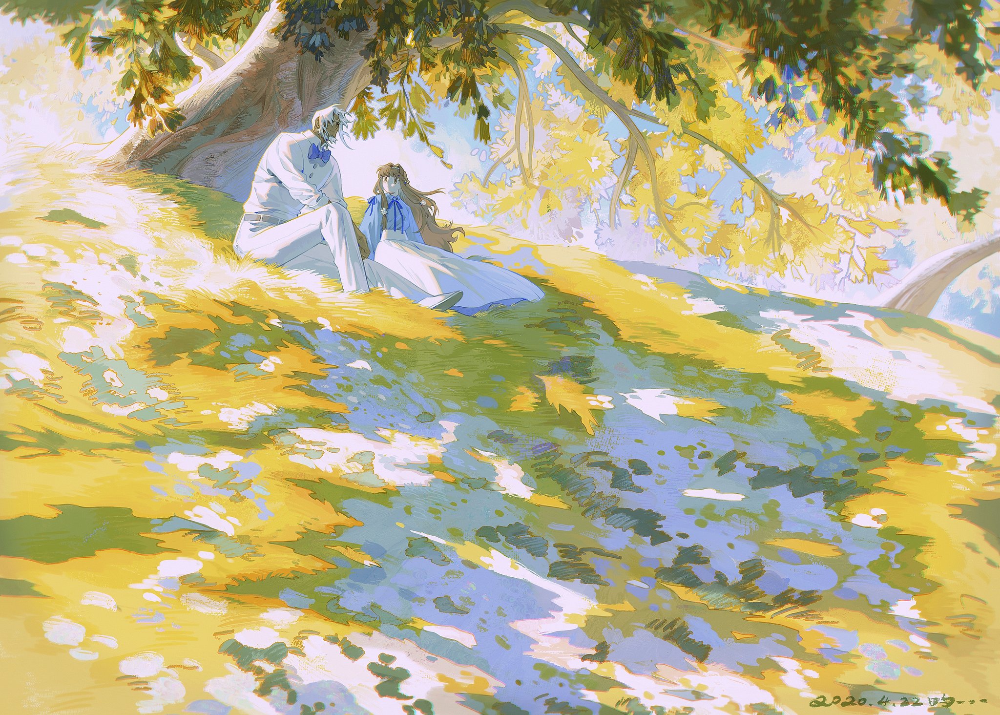 a digital painting of a man and woman sitting under a tree. the woman is wearing a blue dress and the man is wearing a white shirt and pants. the grass is green and yellow, and the tree is green and brown. the background is a light blue sky. the art style is similar to anime or manga.