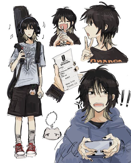 he image contains multiple sketches of animestyle characters.  the main focus is on a girl with short black hair, wearing a graphic tshirt, shorts, and carrying a guitar. other sketches show different characters in various poses, including one holding a boba tea, another showing a peace sign, and one playing on a phone.  there's also a receipt or ticket stub visible. the art style is loose and expressive, with a blend of digital and traditional techniques. the overall mood is casual and slightly quirky.