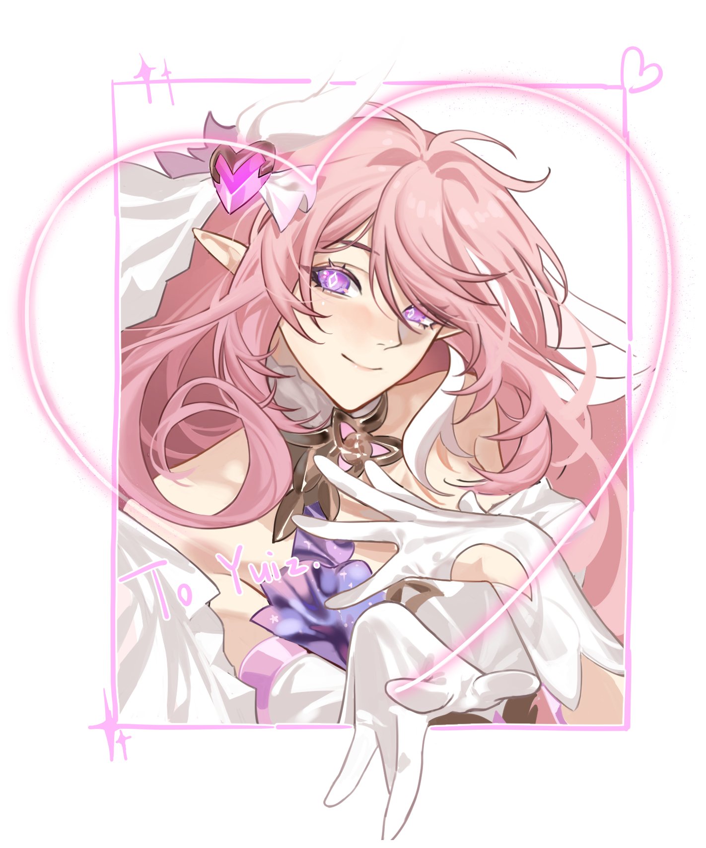 this image is a digital illustration of a cute anime girl with pink hair wearing a white dress and gloves. she is surrounded by a pink heart and has a sweet expression on her face. the background is simple, allowing the girl to be the focus of the image. this art is very colorful and eyecatching.