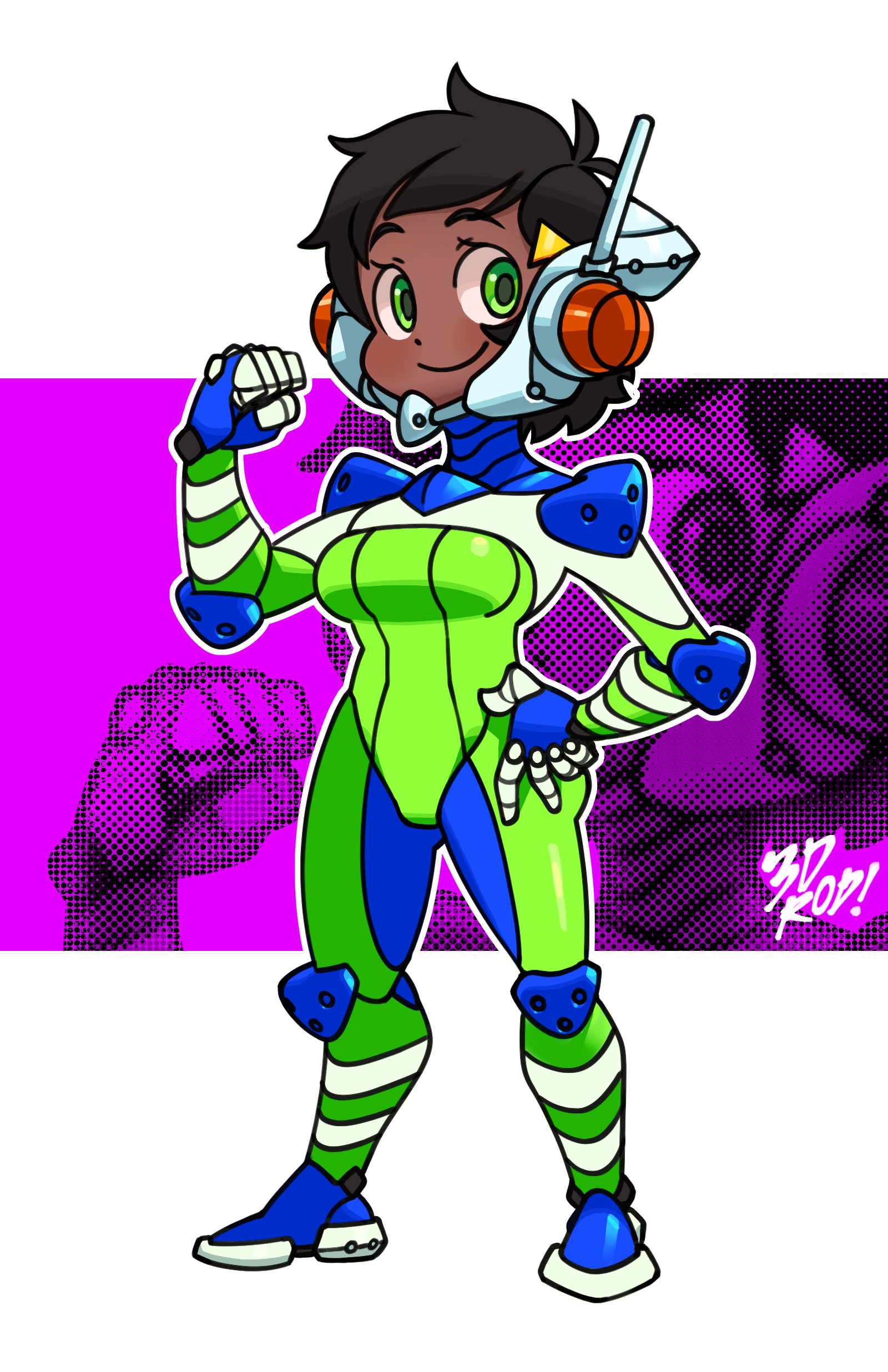 this is a digital illustration of a female character in a futuristic green and blue suit with a white helmet. the character is standing confidently with a powerful pose, ready to fight. the background is a bright purple and pink color, with a pop artstyle pattern. the character appears to be a superhero or a fighter.