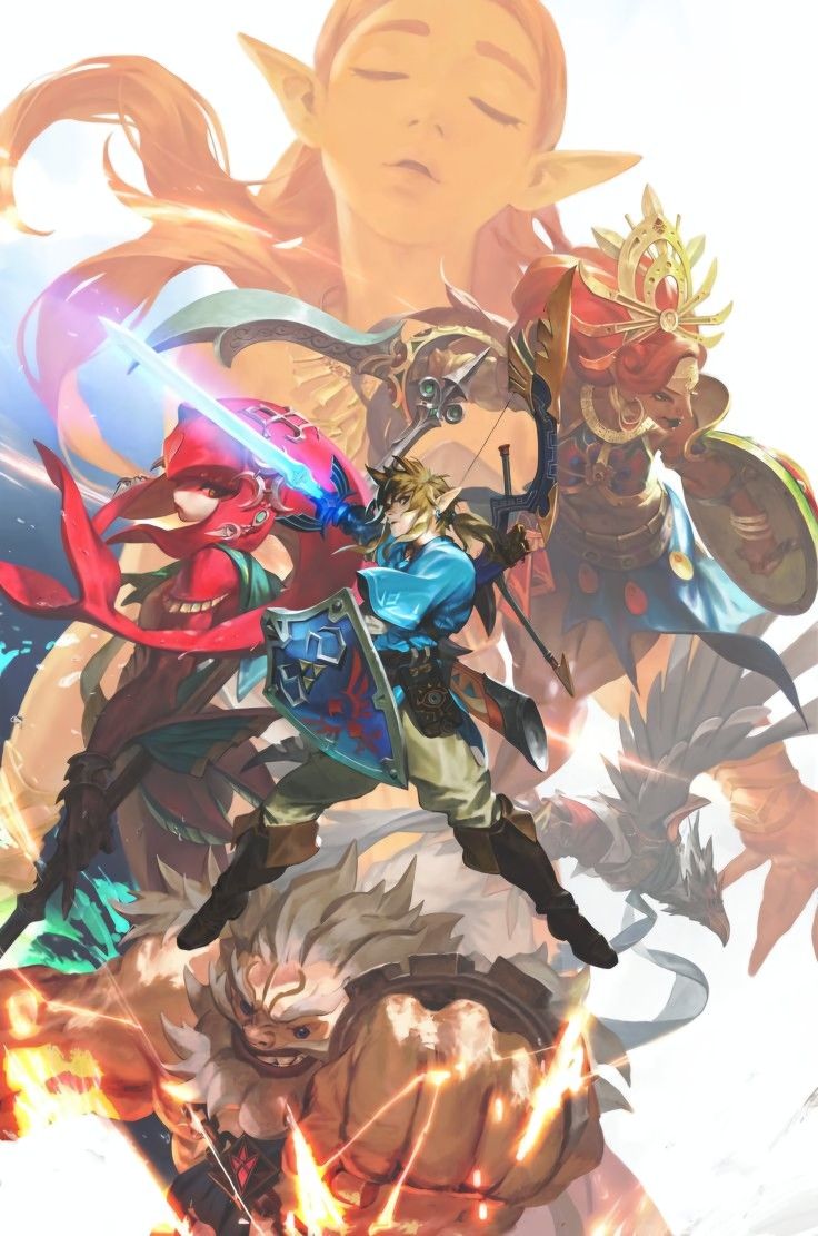 an illustration of link, the main protagonist of the legend of zelda: breath of the wild, alongside the four champions from the game, who appear to be standing together against an unseen enemy. link is at the forefront of the illustration, with a resolute expression on his face, wielding his sword and shield, and ready for battle. behind link are the four champions: daruk, revali, urbosa, and mipha. all are standing together, ready to defend hyrule from the forces of darkness.  in the background, a majestic figure, who is likely zelda, is overlooking the group with a stoic expression.