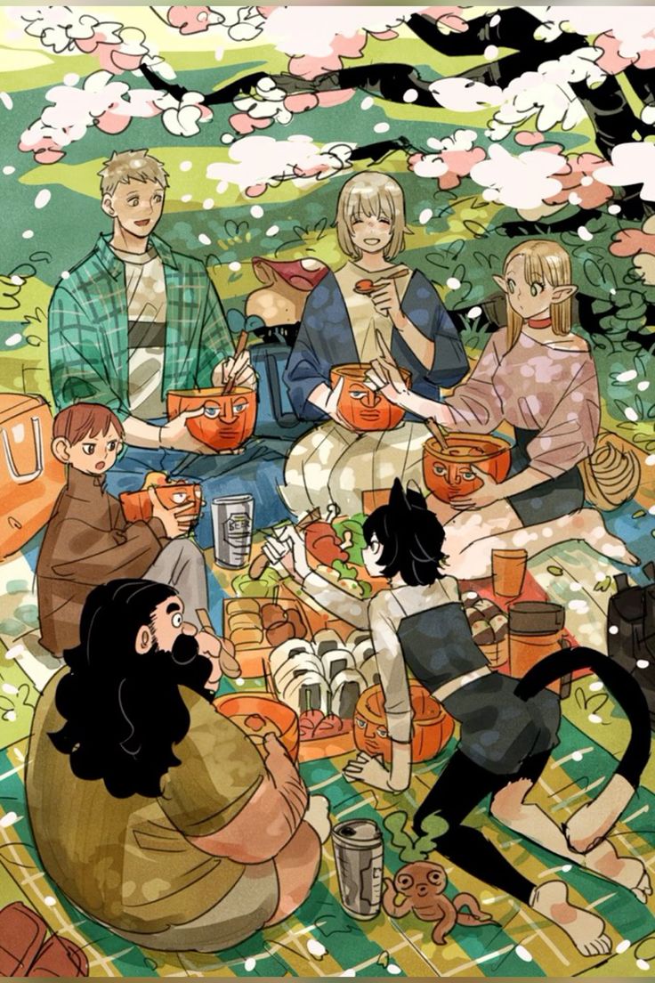 the image is a whimsical illustration depicting a group of friends enjoying a picnic under a cherry blossom tree. the characters have unique appearances, some with cat ears and elflike features, suggesting a fantasy setting.  they are seated on a blanket spread on the ground, surrounded by various food items in bowls and containers. the overall style is bright and colorful, with a playful and lighthearted mood. the scene is filled with a variety of elements that create a whimsical and fun atmosphere.