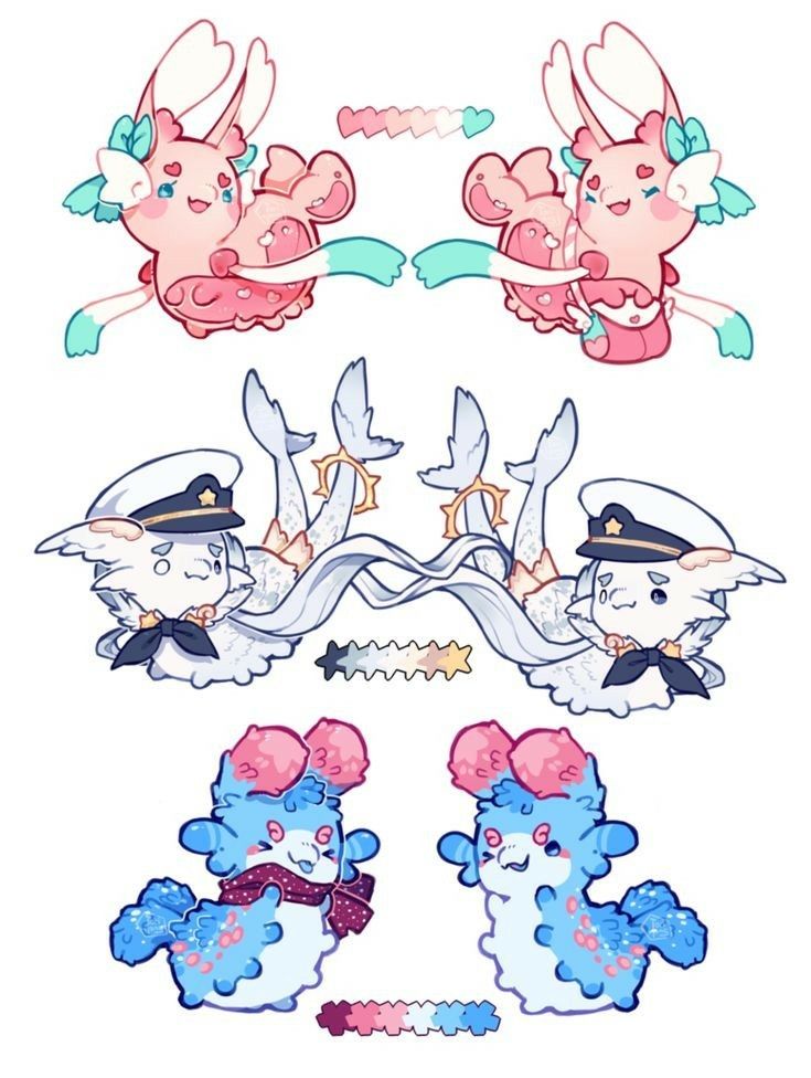 the image contains three rows of pairs of cartoonstyle, fantastical animals. the first row features pink bunnies with white accents, ribbon, and a color palette. the second row depicts white creatures resembling foxes with sailor hats and long tails adorned with rings, accompanied by a color palette. the third row presents blue fluffy animals with pink accents, scarves, and a color palette. all pairs face each other with slight variations in posture and expression.