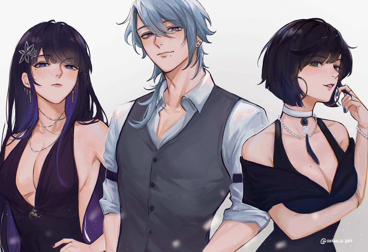 he image is a digital fanart depicting three animestyled characters. a woman with long dark purple hair wearing a dark purple lowcut dress and delicate jewelry stands on the left, looking slightly to the viewer's right.  in the center is a man with light blue hair wearing a grey vest over a white shirt. he has a calm expression. on the right is a woman with short, dark hair and green eyes, wearing a black dress with offshoulder sleeves and multiple necklaces. she's subtly touching her hair and looks slightly away from the viewer. the overall style is elegant and slightly suggestive.  the background is a plain white, focusing attention on the characters. the art is done in a soft, slightly painterly style.