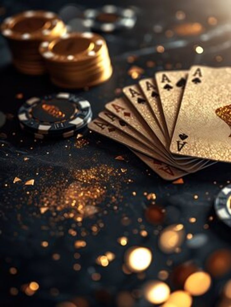 a closeup shot capturing the allure of a poker game. a royal flush, the pinnacle of poker hands, lays splayed out on a dark, glittery surface. the cards, crafted with a black and gold design, exude an air of sophistication and high stakes.  scattered around the cards are stacks of poker chips, their gold and black surfaces reflecting the ambient light. the scene is bathed in dramatic lighting, casting deep shadows and highlighting the textures of the chips and cards. gold glitter adds a touch of extravagance, hinting at the highstakes nature of the game and the potential for significant wins.