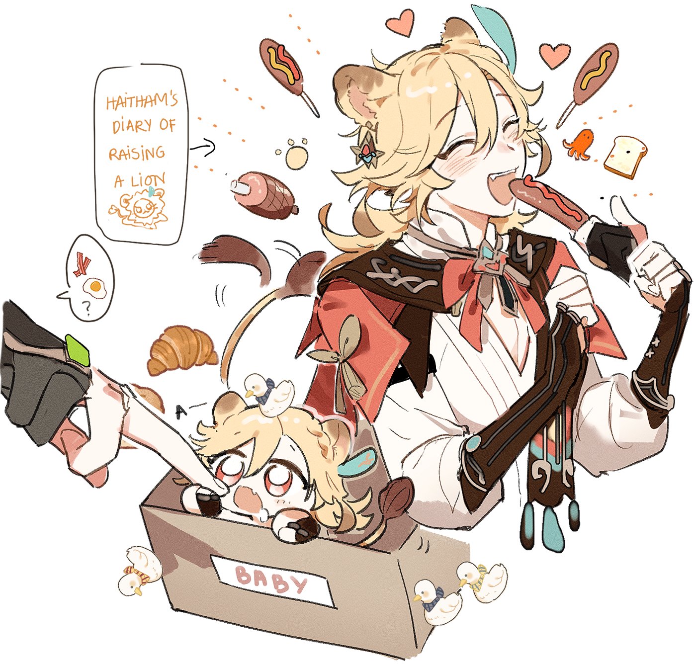 the image is a colorful illustration of a cartoon character,  with blonde hair, wearing a red jacket,  holding a hotdog and eating it with gusto. behind them is a box labeled "baby" with a cute little lion cub inside. the character is depicted as happy and enjoying the hotdog. the image has a playful tone and is full of cute details like hearts and little ducks. the style is whimsical and cartoonish, with rounded lines and bright colors.