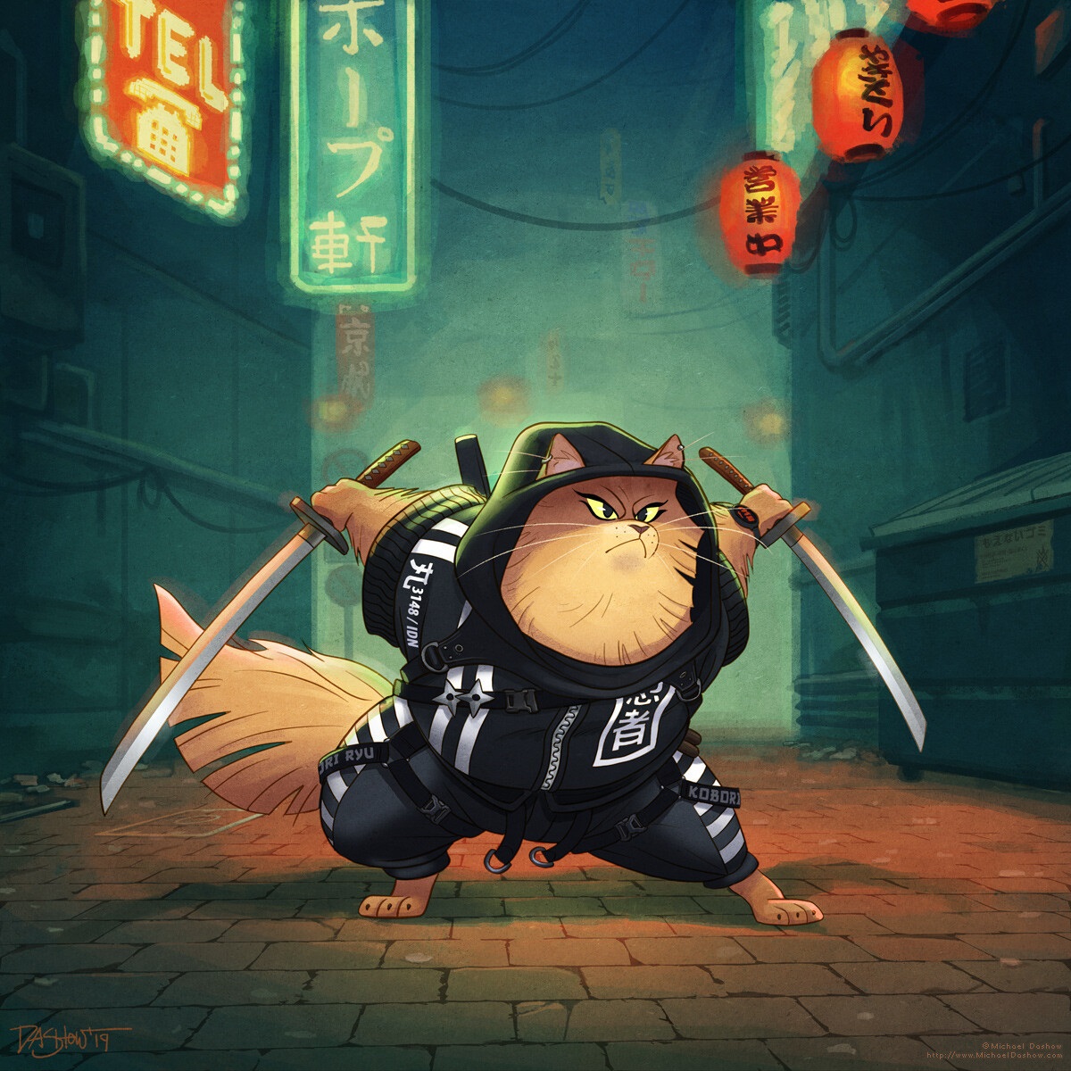 the illustration features a large, fluffy cat depicted as a samurai warrior, standing in a dimly lit urban alleyway in japan. the cat is dressed in black, hooded attire with japanese characters emblazoned on it, and holds two katana swords, prepared for battle. neon lights in japanese illuminate the scene, casting an atmospheric glow.