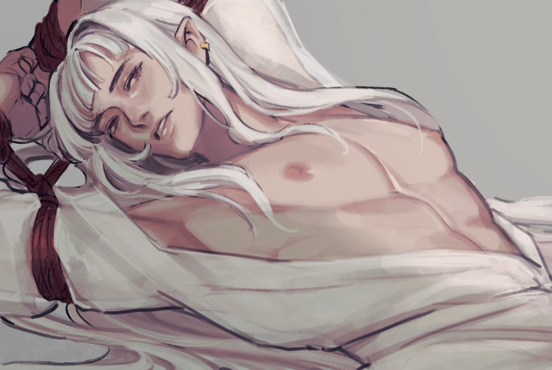 the image is a digital painting or illustration of a young, attractive animestyle male elf.  he has long, flowing white hair, pale skin, and a muscular physique. he's lying down, partially clothed in a lightcolored robe or shirt. his wrists appear to be bound with red rope. the overall style is soft and ethereal. the focus is on the character's beauty and the slightly sensual nature of his pose and the way his clothing is partially undone.  the background is a simple, muted gray.