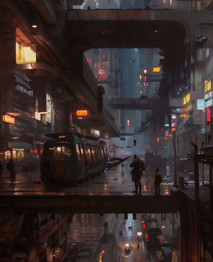the image is a digital painting or illustration depicting a highly detailed cyberpunk cityscape. the scene is set at night in a rainy environment. a dark, elevated train or tram is parked on a platform that spans above a busy, rainslicked street.  the city is densely packed with buildings exhibiting a blend of asianinspired architecture and futuristic elements, including neon signs in what appears to be chinese script.  the atmosphere is dark, gloomy, and somewhat dystopian. several figures are visible; two are particularly noticeable  what appears to be a soldierlike figure and a child standing on the elevated platform overlooking the street below, where cars and other vehicles move through the traffic. the overall composition utilizes strong atmospheric perspective, drawing the viewer's eye from the elevated viewpoint down to the distant city streets.  the level of detail in the buildings, vehicles, and even the textures of the wet surfaces is exceptionally high, contributing to the richness and immersive quality of the illustration.