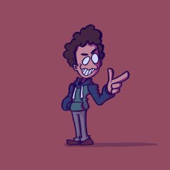 a cartoon man with curly hair, glasses,