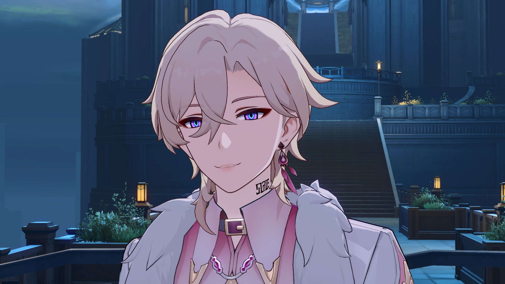 a male anime character with blonde hair and blue eyes is smirking. he has a tattoo on his neck, a pink shirt, a white fur collar, and earrings. he's standing in front of a building at night. there are stairs leading up to the building and plants in pots on either side of the stairs. there are also lamps on the building.